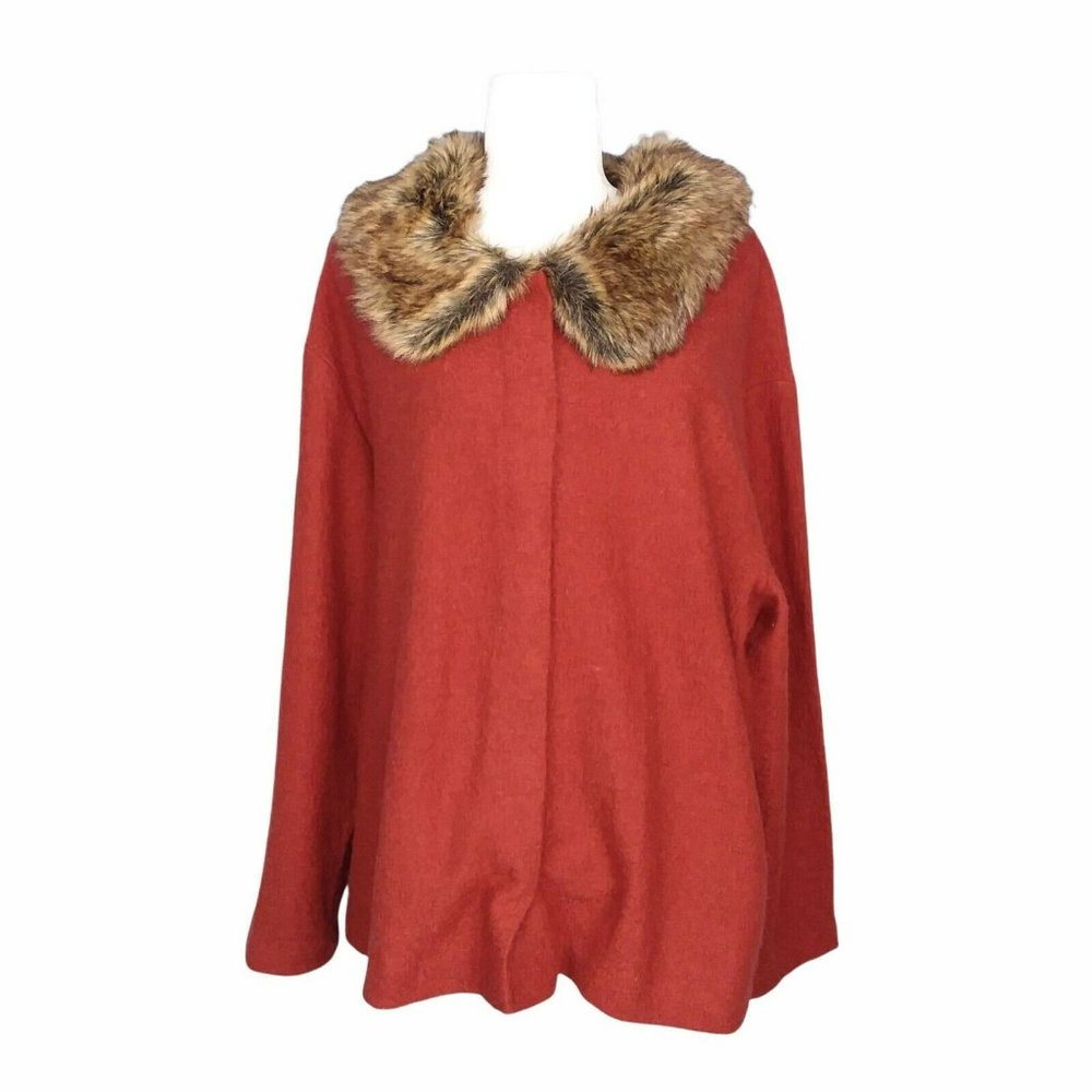 Evan-Picone Women's 100% Wool Faux Fur Collar Jacket Rust Red Button Plus 2X